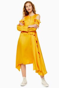 Topshop Stand Out Waterfall Dress By Boutique in Marigold – cold shoulder dresses