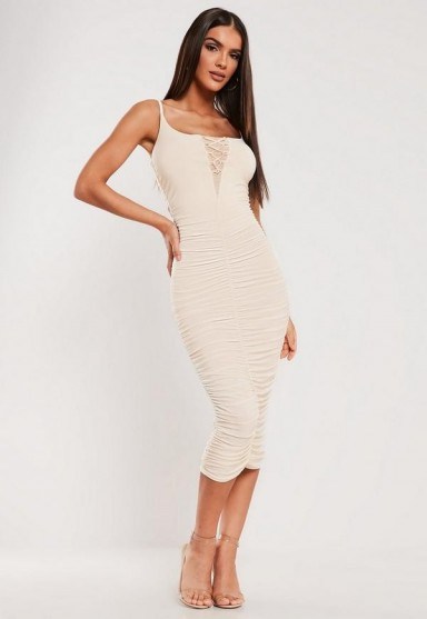sxf x missguided stone slinky ruched lace up midi dress - flipped