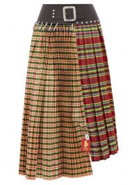 CHOPOVA LOWENA Tartan and leather pleated wool-blend skirt / checked asymmetric skirts