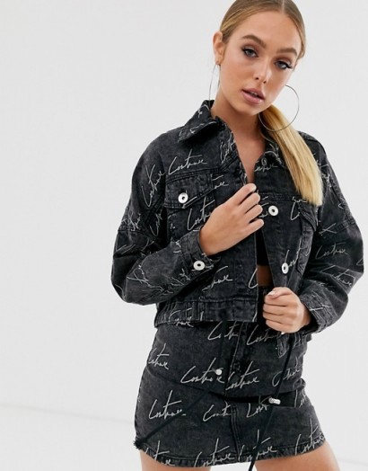 The Couture Club cropped motif denim jacket in washed black | logo print jackets