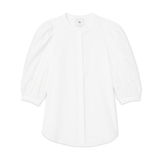 Gwyneth Paltrow white voluminous sleeved blouse, G. Label TRACY PUFF-SLEEVE BUTTON-DOWN, out in London, 28 June 2019 | celebrity street style tops