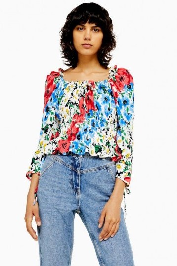 Topshop VANCOUVER Floral Ruched Prairie Blouse | bright gathered blouses - flipped