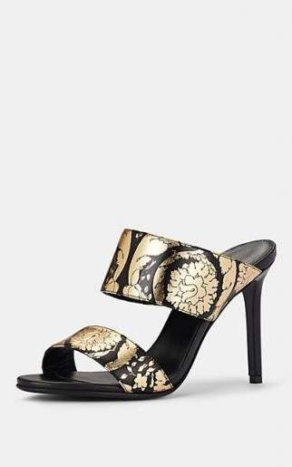 VERSACE Floral-Print Metallic Leather Mules in Black / Gold - flipped