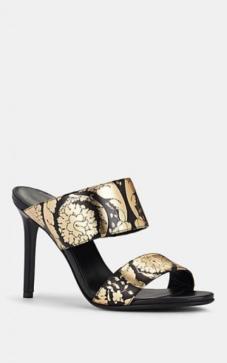 VERSACE Floral-Print Metallic Leather Mules in Black / Gold