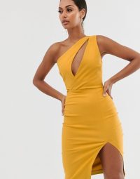 Vesper one shoulder midi pencil dress in stretch with split in golden yellow