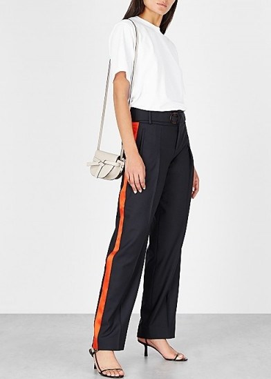 VICTORIA, VICTORIA BECKHAM Side stripe navy twill trousers ~ dark-blue red striped pants - flipped
