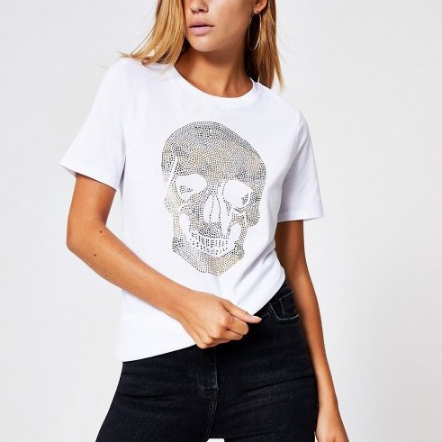 River Island White embellished skull print T-shirt | classic crew neck tee - flipped