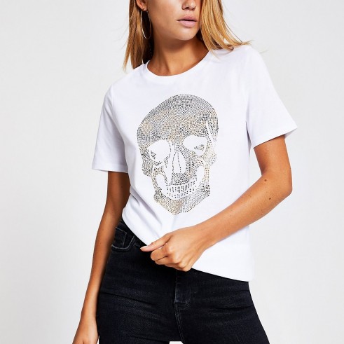 River Island White embellished skull print T-shirt | classic crew neck tee