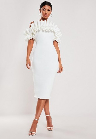 Missguided white frill bardot midi dress | party glamour - flipped