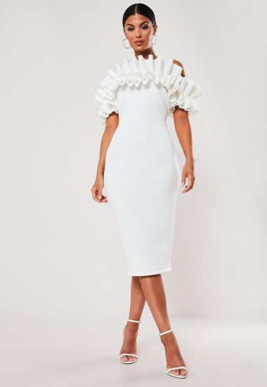 Missguided white frill bardot midi dress | party glamour