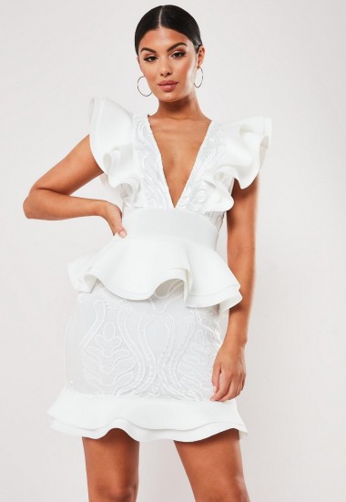Missguided white scuba frill lace panel plunge mini dress
