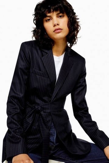 TOPSHOP Wool Pinstripe Wrap Blazer By Boutique ~ smart tie waist jacket - flipped