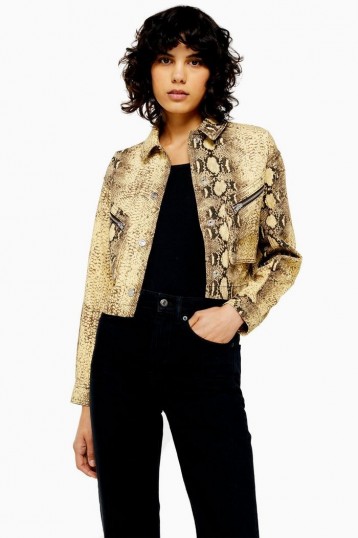 Topshop Yellow Snake Print Denim Jacket | zip detail jackets