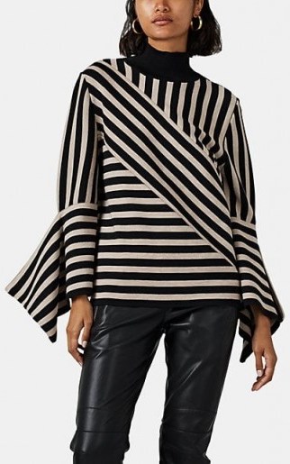 AKIRA NAKA Draped-Sleeve Striped Wool-Blend Top ~ angled patterned knits - flipped