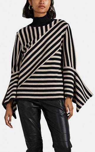 AKIRA NAKA Draped-Sleeve Striped Wool-Blend Top ~ angled patterned knits