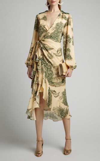 Johanna Ortiz Al Son Del Tambor Silk-Georgette Midi Dress ~ ruffle trimmed wrap style dresses - flipped