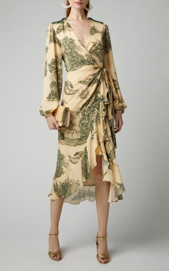 Johanna Ortiz Al Son Del Tambor Silk-Georgette Midi Dress ~ ruffle trimmed wrap style dresses