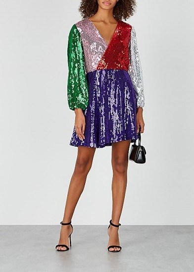 ALICE + OLIVIA Blaze panelled sequin mini dress ~ colour block paneled dresses - flipped