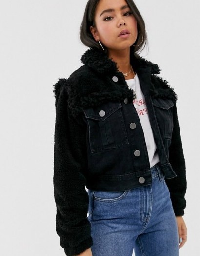 ASOS DESIGN denim jacket with borg detail in black | textured jackets - flipped