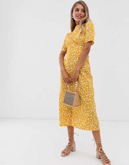 ASOS DESIGN midi tea dress with buttons in floral print in mustard | yellow vintage style dresses - flipped
