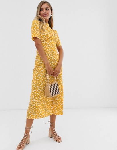ASOS DESIGN midi tea dress with buttons in floral print in mustard | yellow vintage style dresses