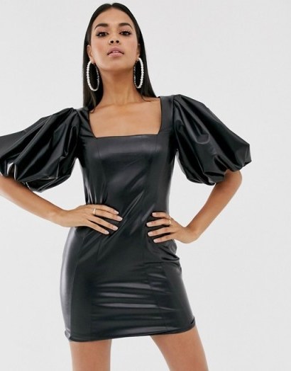 ASOS DESIGN milkmaid bubble sleeve pu mini dress in black - flipped