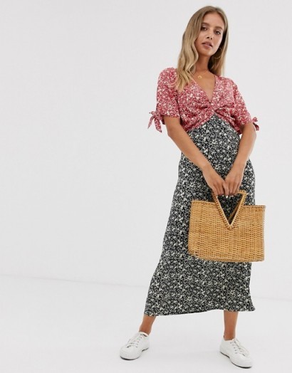 ASOS DESIGN mixed floral print twist front midi tea dress | feminine vintage style fashion
