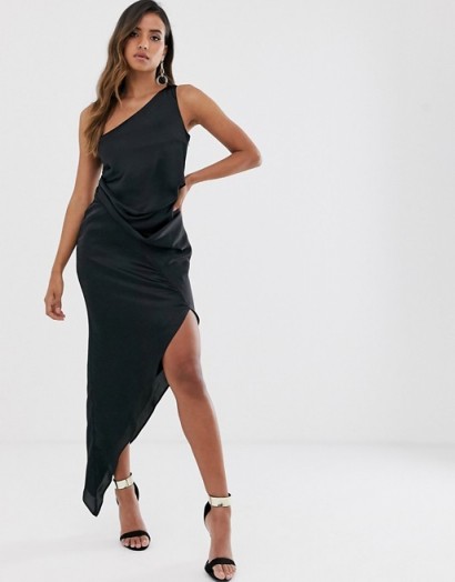 ASOS DESIGN one shoulder drape midi dress in black satin | asymmetric party dresses | LBD