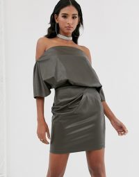 ASOS DESIGN PU drape shoulder mini dress in khaki | bardot party dresses