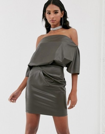 ASOS DESIGN PU drape shoulder mini dress in khaki | bardot party dresses - flipped