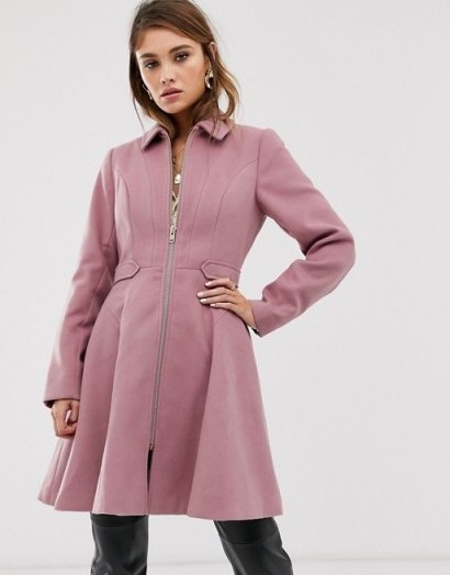 ASOS DESIGN swing coat with zip front in pink ~ fit and flare coats - flipped