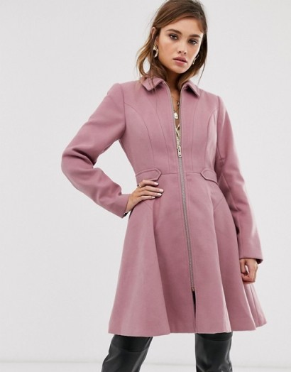 ASOS DESIGN swing coat with zip front in pink ~ fit and flare coats