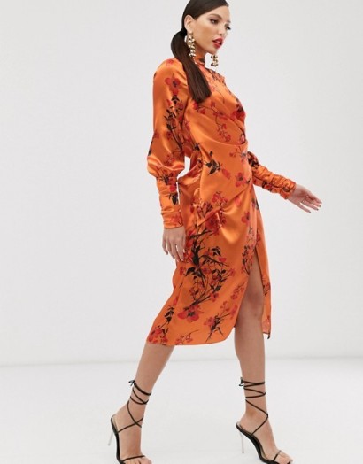 ASOS DESIGN Tall long sleeve midi dress in satin with drape detail in blossom floral print in orange