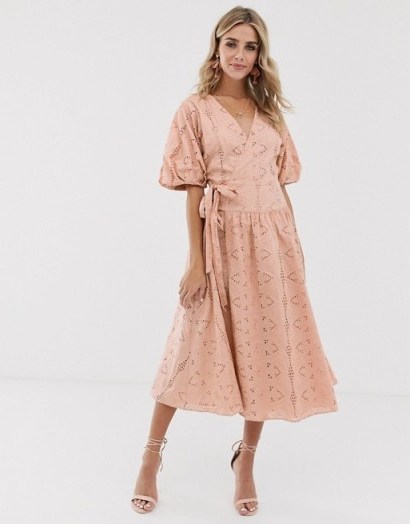 ASOS DESIGN wrap midi dress with puff sleeves in broderie in mink | side tie fit and flare - flipped