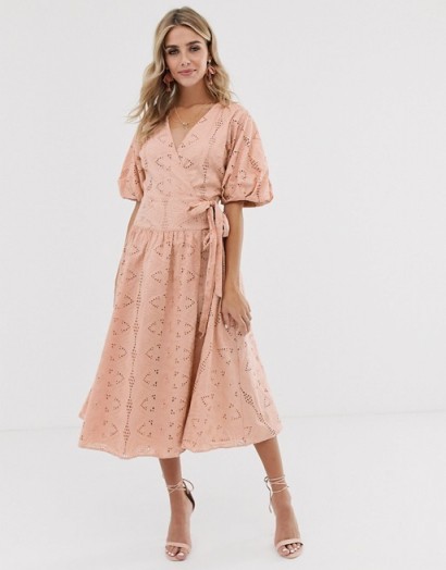 ASOS DESIGN wrap midi dress with puff sleeves in broderie in mink | side tie fit and flare