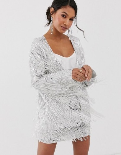 ASOS EDITION sequin fringe co-ord in silver / shimmering jacket and mini skirt set - flipped