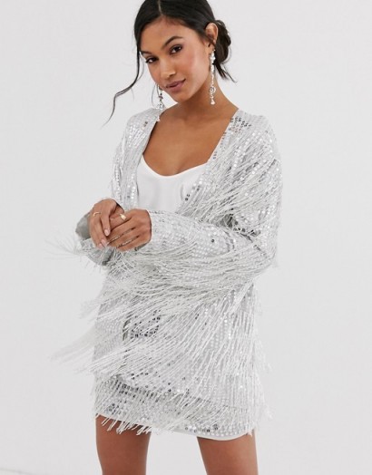 ASOS EDITION sequin fringe co-ord in silver / shimmering jacket and mini skirt set