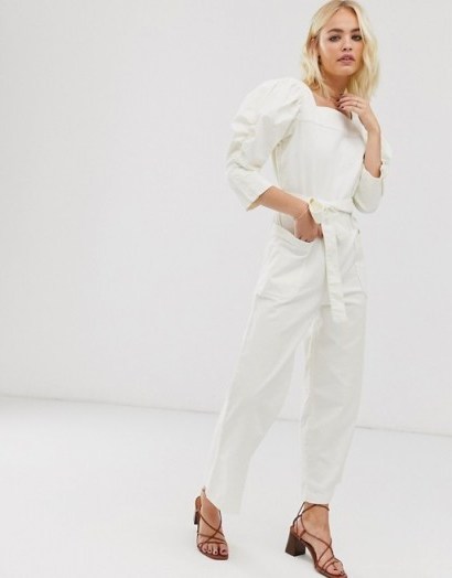 ASOS WHITE square neck denim jumpsuit with volume sleeves | puff sleeved jumpsuits - flipped