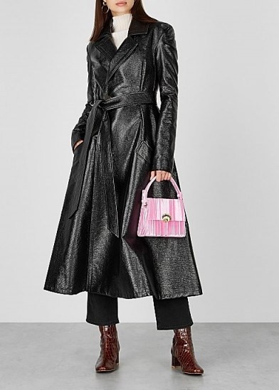 A.W.A.K.E MODE Trinity black patent faux leather coat ~ chic belted fit and flare coats - flipped