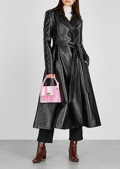 A.W.A.K.E MODE Trinity black patent faux leather coat ~ chic belted fit and flare coats