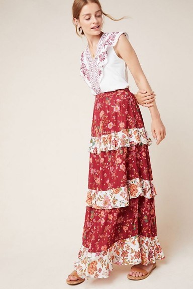 Farm Rio for Anthropologie Portia Tiered Skirt in Wine - flipped