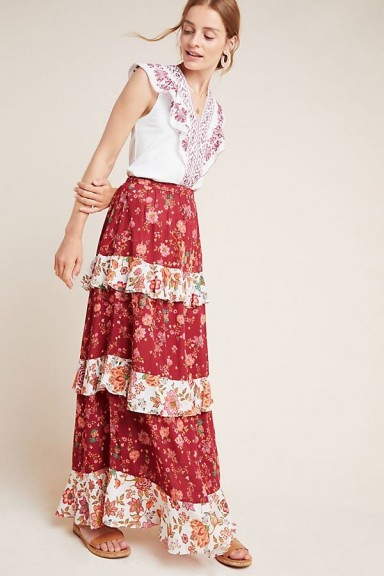 Farm Rio for Anthropologie Portia Tiered Skirt in Wine