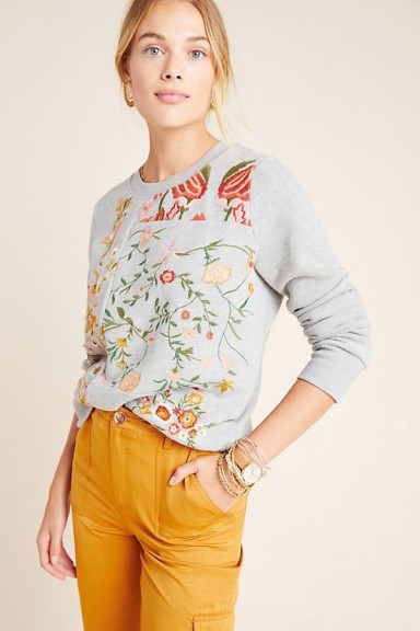 Maeve Bae Embroidered Sweatshirt in Grey / floral embroidery