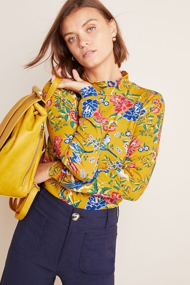 Anthropologie Knitted Floral Turtleneck in Gold