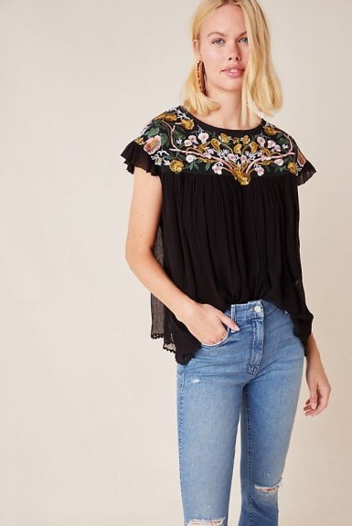Seen Worn Kept Bethany Embroidered Blouse in Black / pretty flutter sleeve blouses - flipped