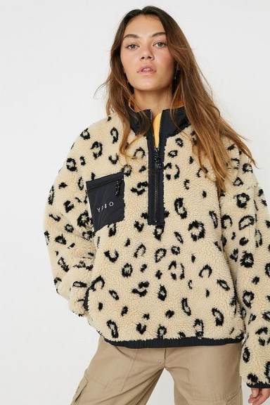 OBEY Chiller Leopard Print Fleece Pullover Anorak Jacket in Beige - flipped