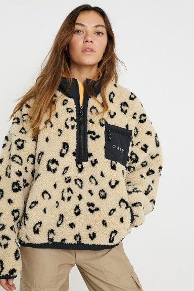 OBEY Chiller Leopard Print Fleece Pullover Anorak Jacket in Beige
