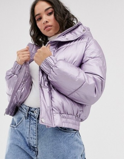 Bershka puffer jacket with hood in metallic lilac / shiny jackets - flipped