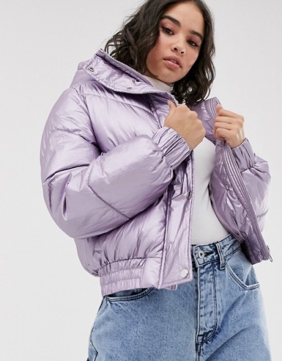 Bershka puffer jacket with hood in metallic lilac / shiny jackets
