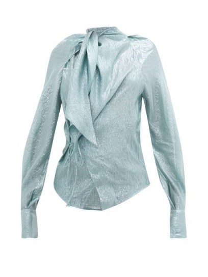 PETAR PETROV Betsey tie-neck silk-blend lamé blouse in blue ~ metallic blouses - flipped